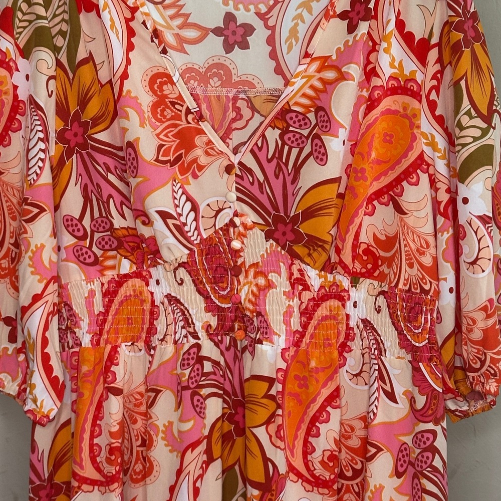 KorMei Pink Orange Floral Paisley Smocked Waist Boho Maxi Dress Womens XL V-Neck - Picture 3 of 8